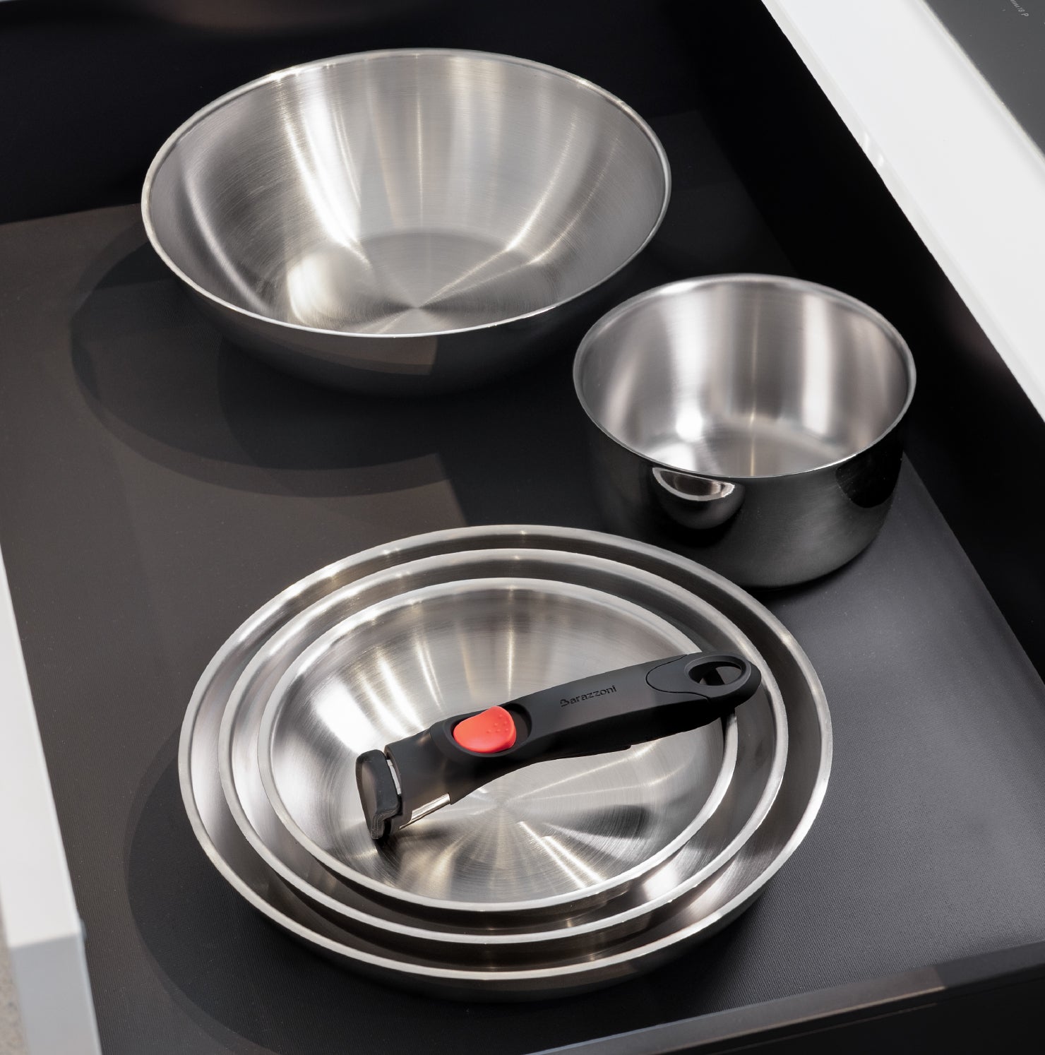 Tris acciaio - set 3 padelle 20/24/28 cm + manico staccabile