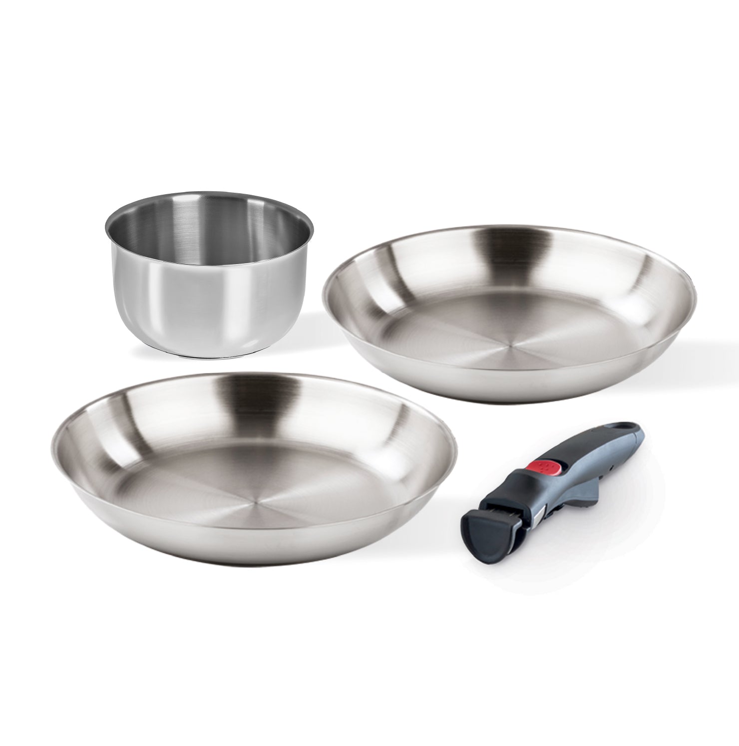 Set 3 pezzi acciaio - 2 padelle acciaio 24/28 cm, 1 casseruola 16 cm + manico staccabile