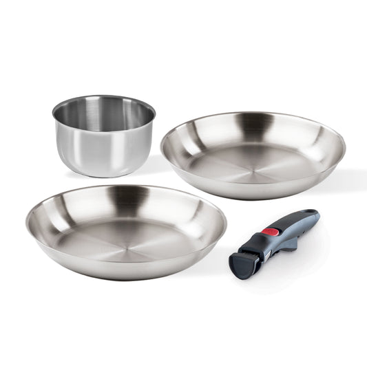 Stainless steel cookware set - 2 frying pans 24/28 cm, 1 saucepan 16 cm + detachable handle 