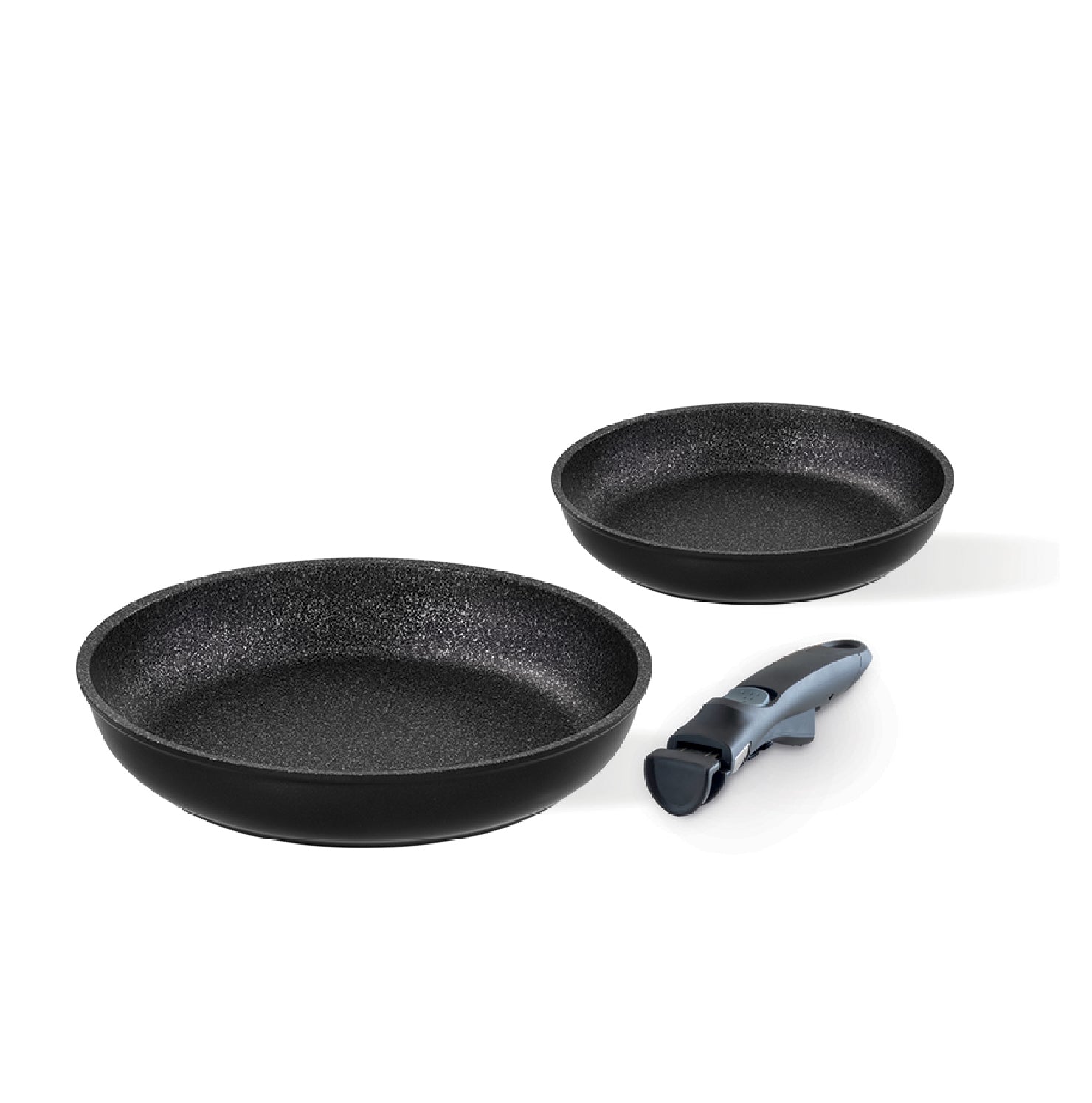 Set antiaderente 2 padelle 20/28 cm + manico staccabile