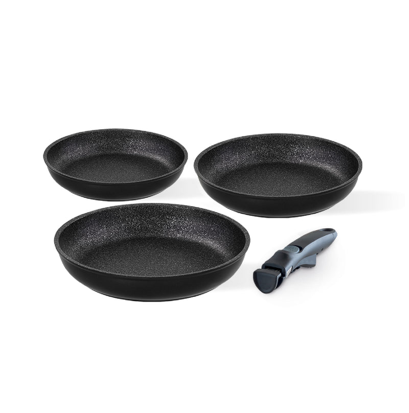 Tris antiaderente - set 3 padelle 20/24/28 cm + manico staccabile
